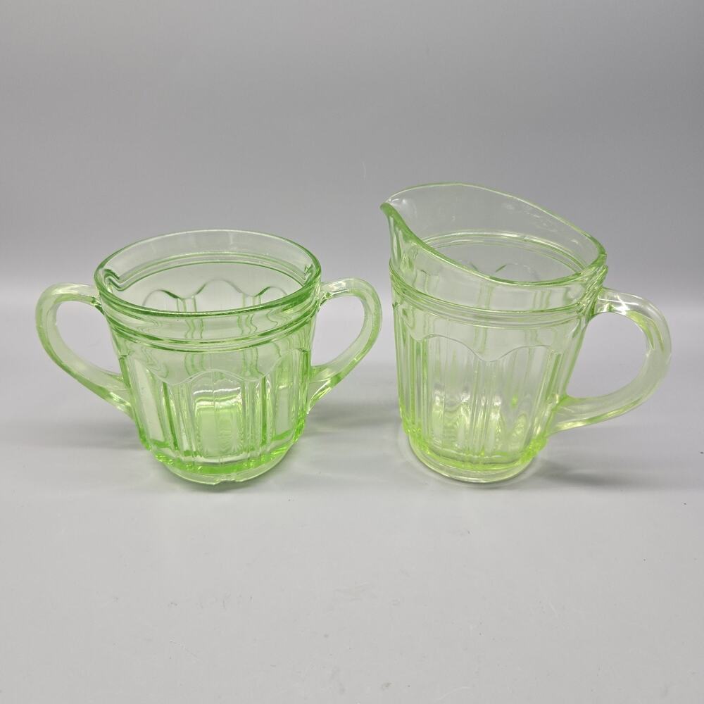 Anchor Hocking Uranium Glass Sugar Bowl No Lid and Creamer Colonial 1930’s Glows